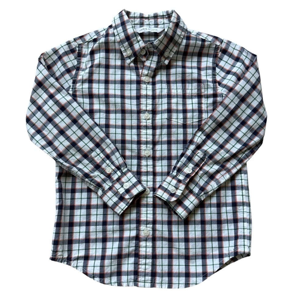Janie and Jack Boys' White Plaid Long Sleeve Button-Up Shirt Sz 4 Casual Cotton